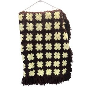 Handmade Granny Square Crochet Blanket Throw Coffee Cream Fringe 85x45